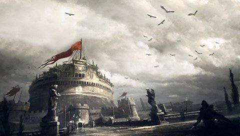 Убийцы вероисповедание, птицы, небо, облака, дом, флаг
