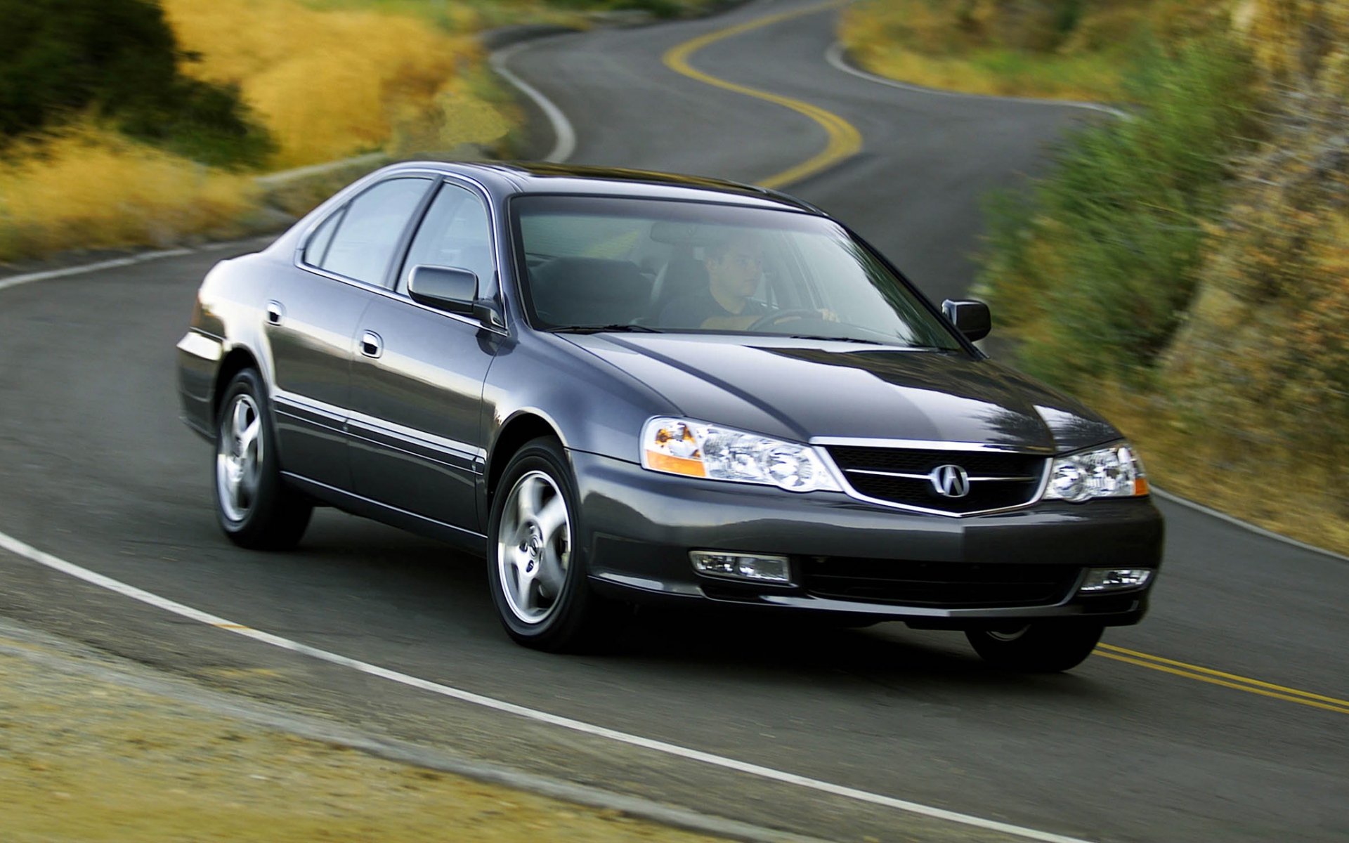 Картинки Acura, tl, 2002, синий, вид спереди, стиль, автомобили, природа, кустарники, трава, деревья, шоссе фото и обои на рабочий стол