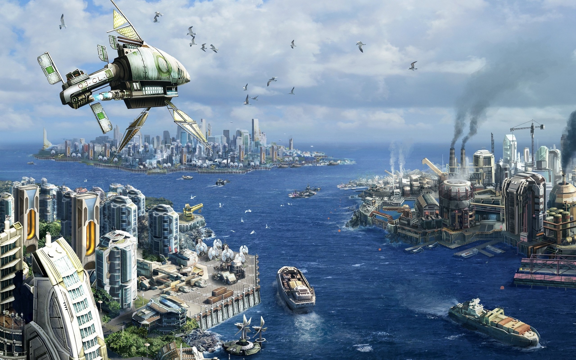 Картинки Anno 2070, город, корабли, океан, птицы фото и обои на рабочий стол