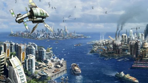 Anno 2070, город, корабли, океан, птицы