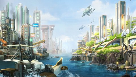 Anno 2070, город, река, фан-арт, корабль