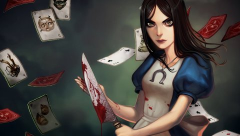 Алиса безумие возвращается, девушка, нож, платье, открытки