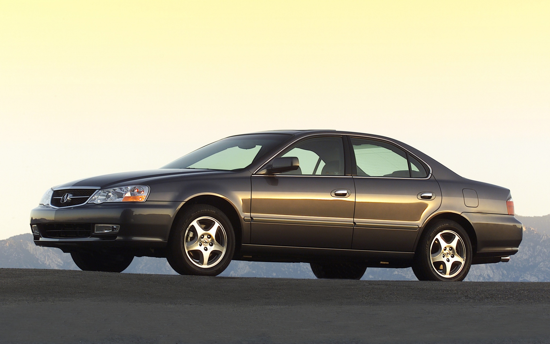 Картинки Acura, tl, 2002, коричневый, вид сбоку, стиль, автомобили, асфальт, горы фото и обои на рабочий стол