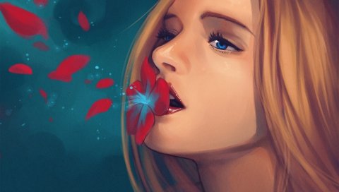 Девушка, цветок, лепестки, губы, голубые глаза, блондинка
