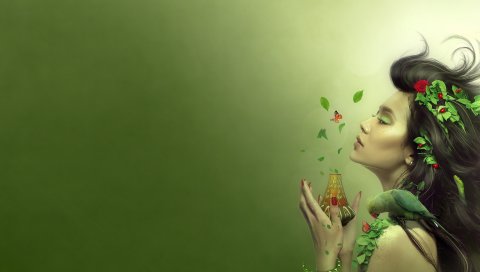 Девушка, листья, аромат, бабочка, профиль