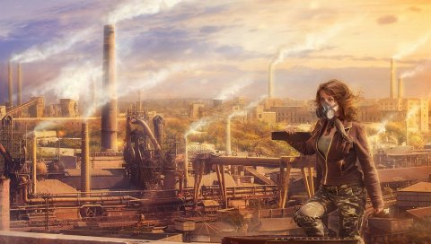 Девушка, крыша, урбанизация, дым, противогаз, трубы