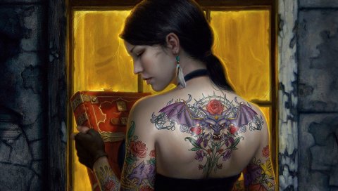 Девушка, тату, спина, книга, поворот