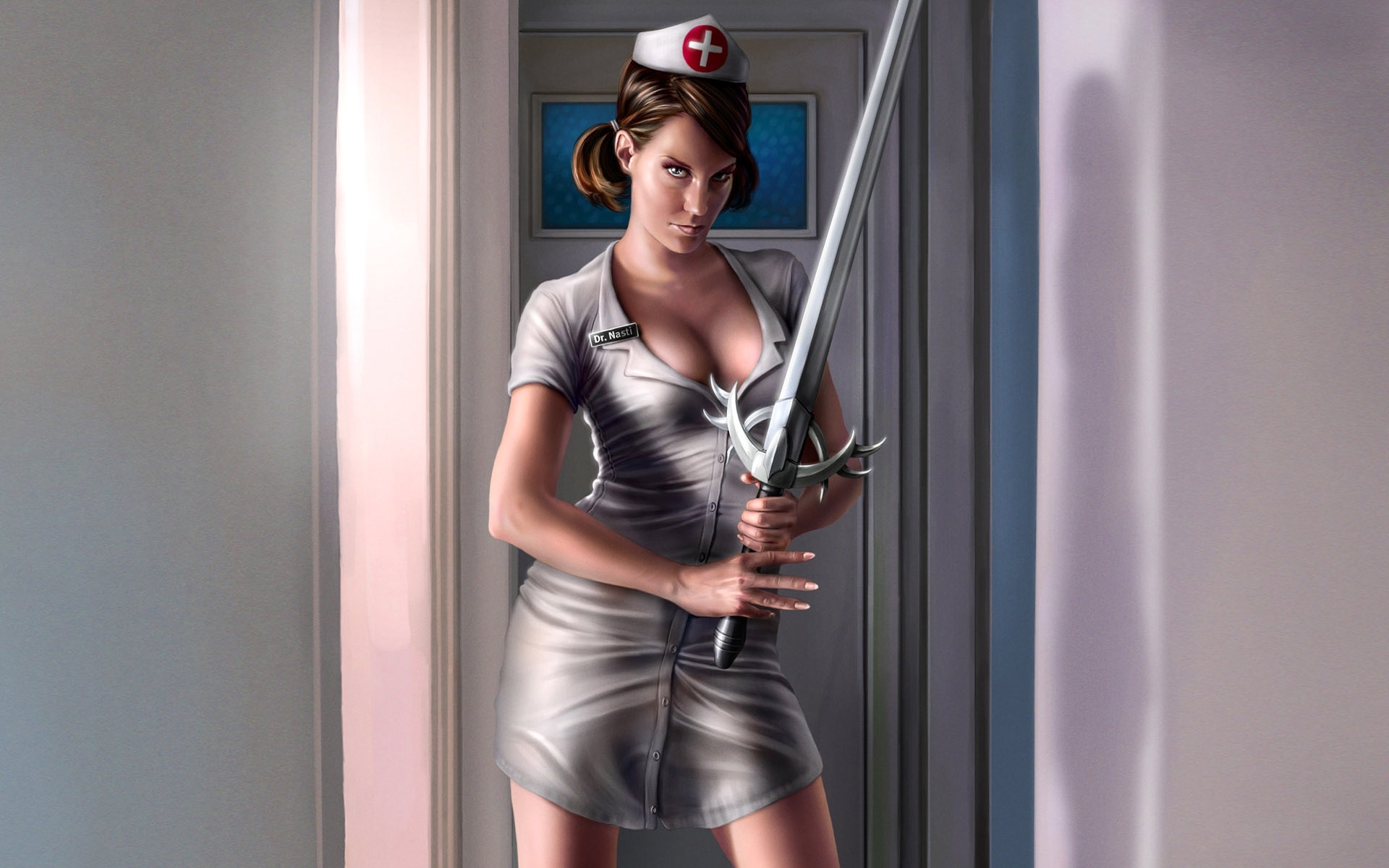 Картинки Девушка, медсестра, меч, оружие, костюм, белый халат фото и обои на рабочий стол