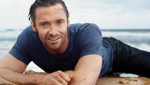 Hugh jackman, мужчина, брюнетка, пляж, мокрый, песок