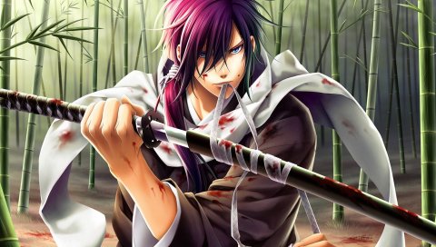 Hakuouki, saito hajime, парень, меч, кровь, рана, бамбук