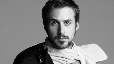Ryan gosling, актер, шарф, брюнет, борода, черный белый