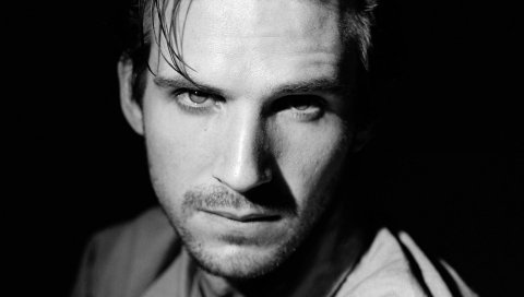 Ralph fiennes, лицо, прическа, актер, тень, крупный план, черный белый