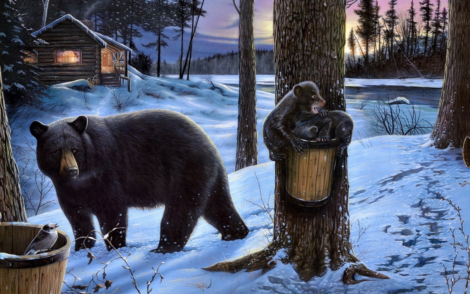 Картинки Медведь, лес, медведи, дом, семья, ходьба, еда фото и обои на рабочий стол