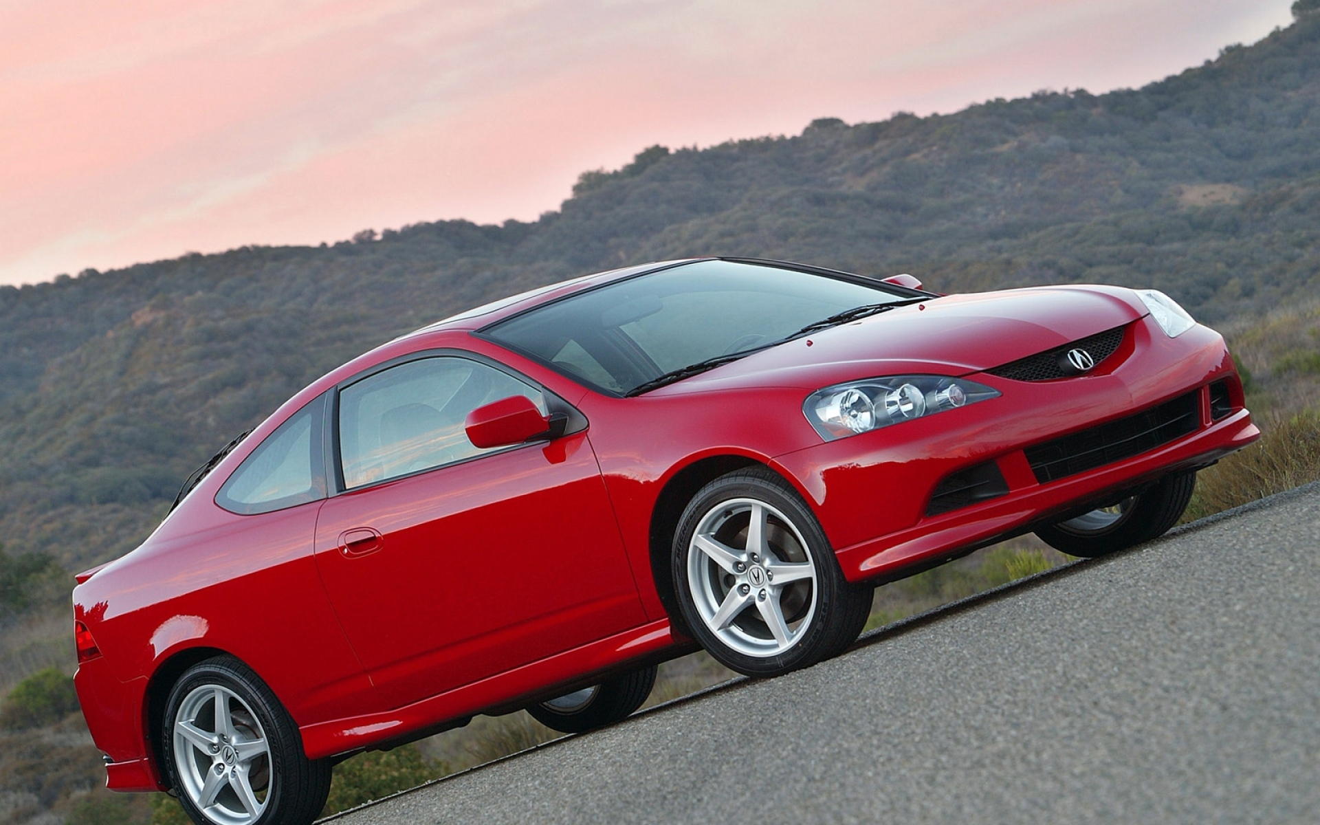 Картинки Acura, rsx, 2006, красный, вид сбоку, стиль, автомобили, горы, природа, асфальт фото и обои на рабочий стол