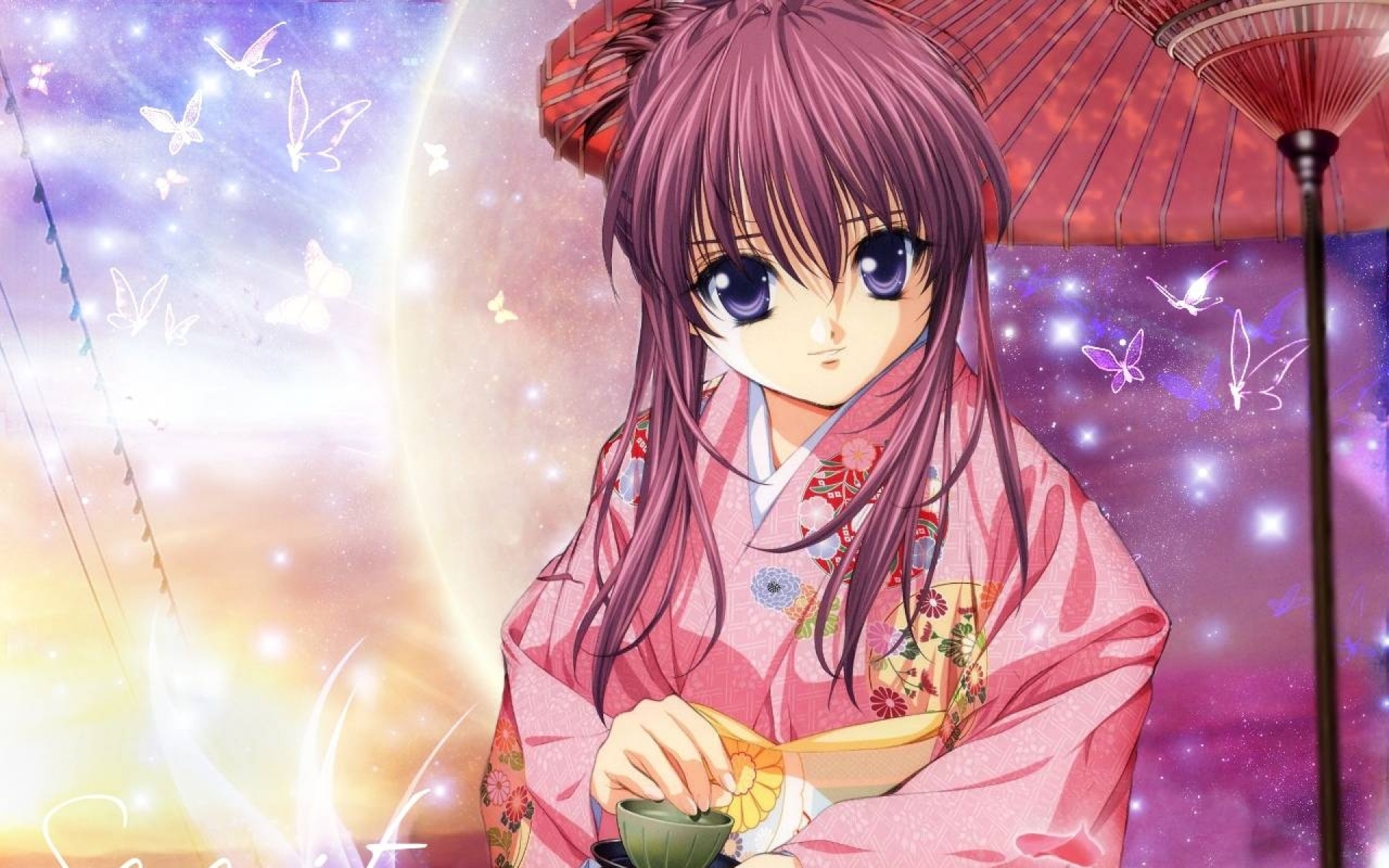Картинки Аниме, девушка, улыбка, кимоно, зонтик фото и обои на рабочий стол
