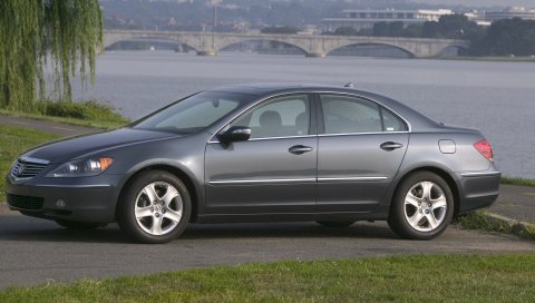 Acura, rl, серый, вид сбоку, стиль, автомобили, природа, мост, город, вода, дерево, трава
