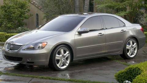 Acura, rl, concept, 2004, серый, вид сбоку, стиль, автомобили, природа, деревья, трава, отражение, здание
