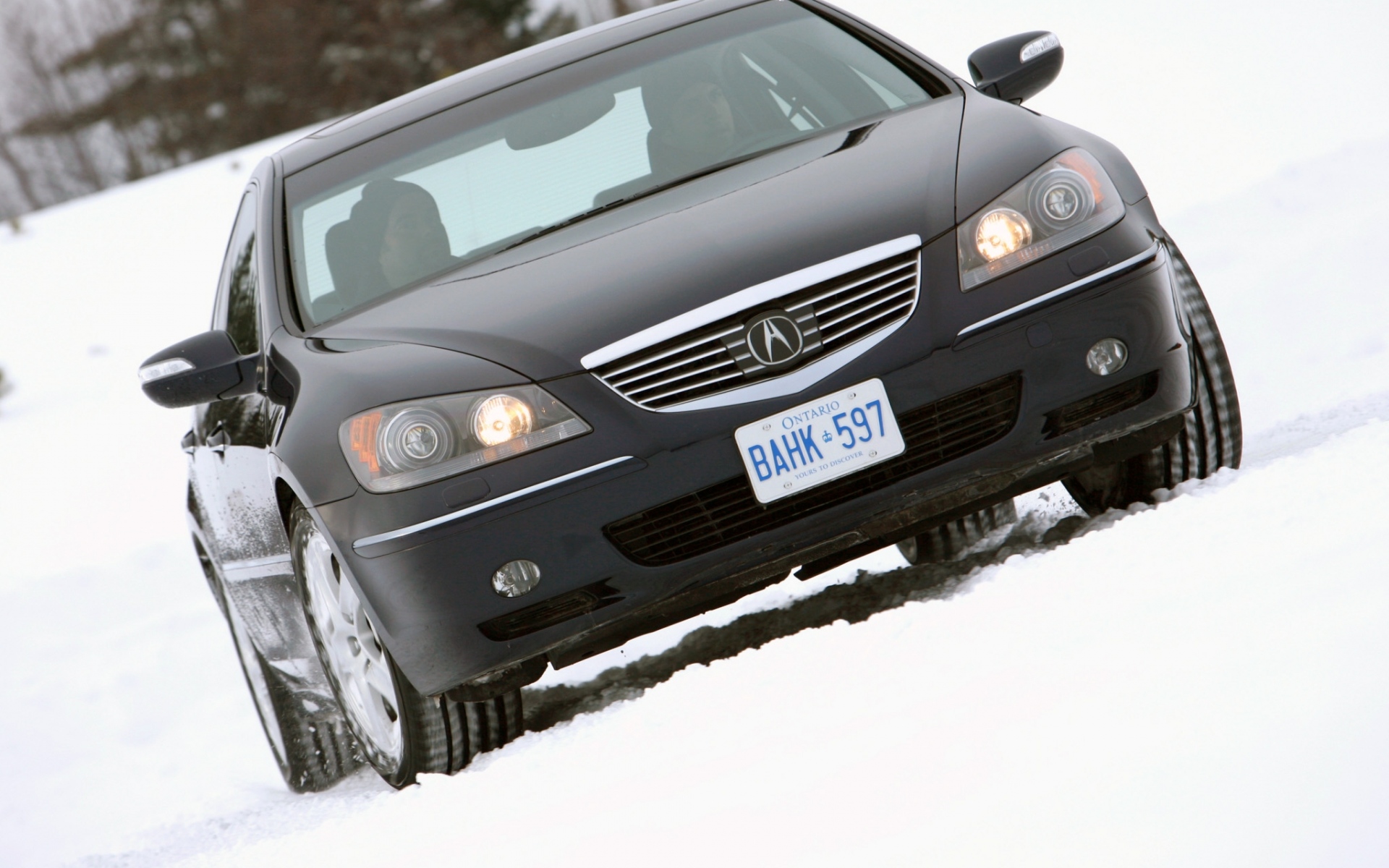 Картинки Acura, rl, черный, вид спереди, стиль, автомобиль, снег, деревья фото и обои на рабочий стол