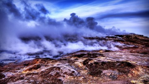 Дым, вулкан, горы, hdr