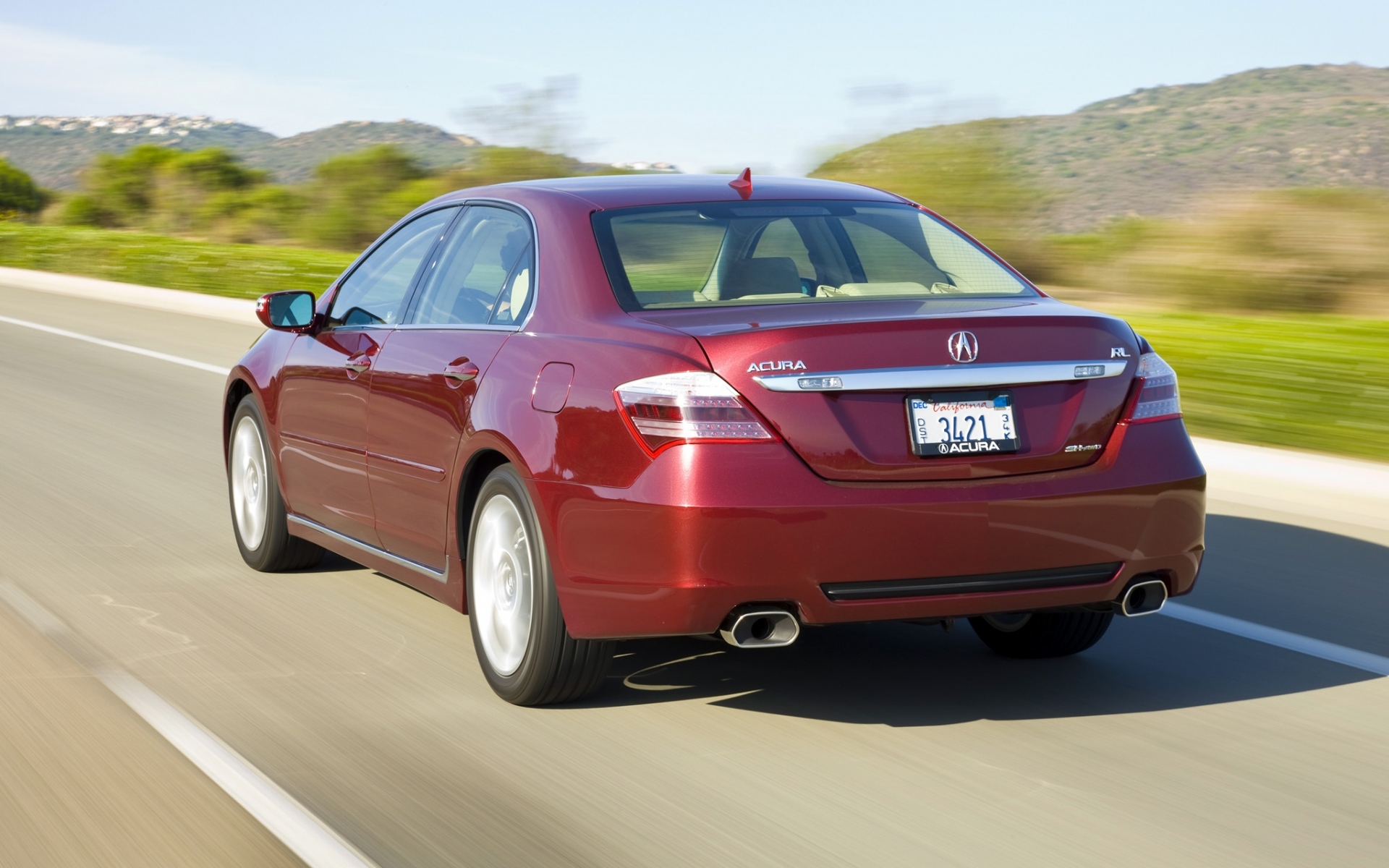 Картинки Acura, rl, красный, вид сзади, авто, стиль, движение, скорость, природа, горы фото и обои на рабочий стол