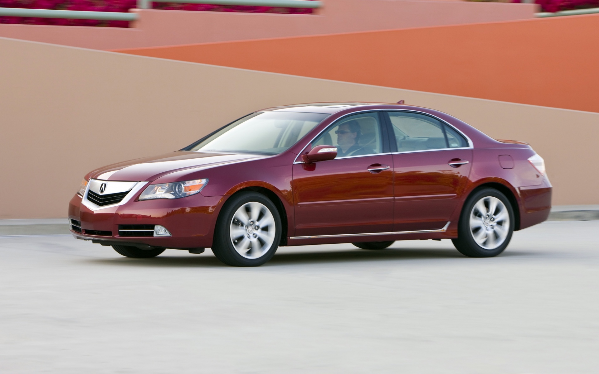 Картинки Acura, rl, красный, вид сбоку, авто, стиль, движение, здание фото и обои на рабочий стол