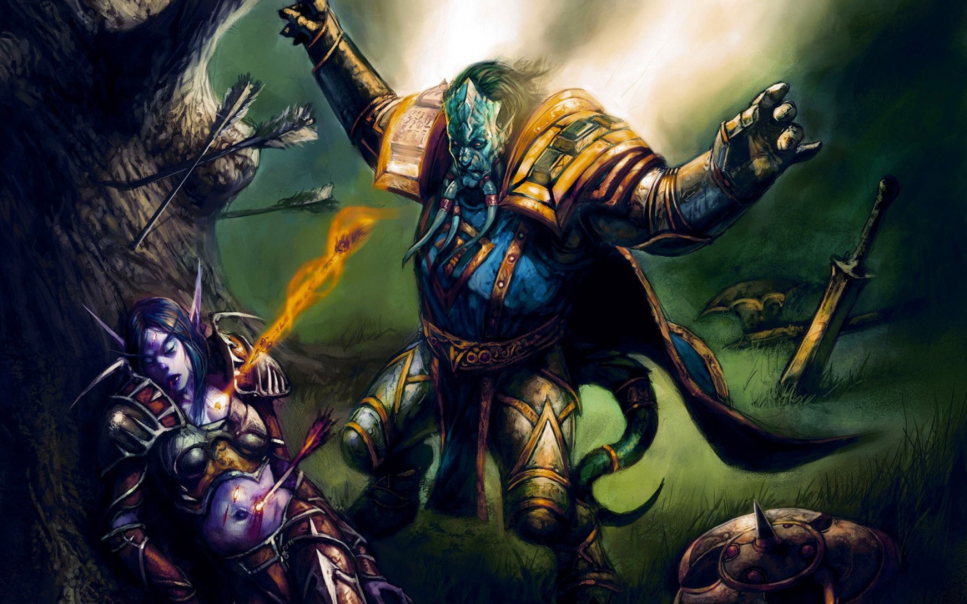 Картинки Мир Warcraft, фан-арт, эльф, дерево, меч фото и обои на рабочий стол