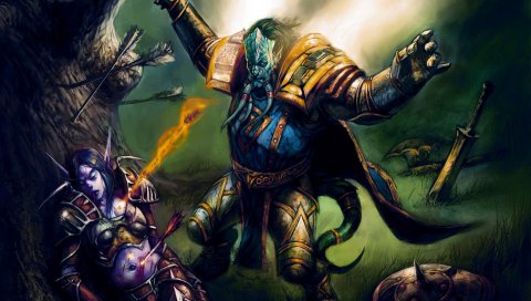 Мир Warcraft, фан-арт, эльф, дерево, меч