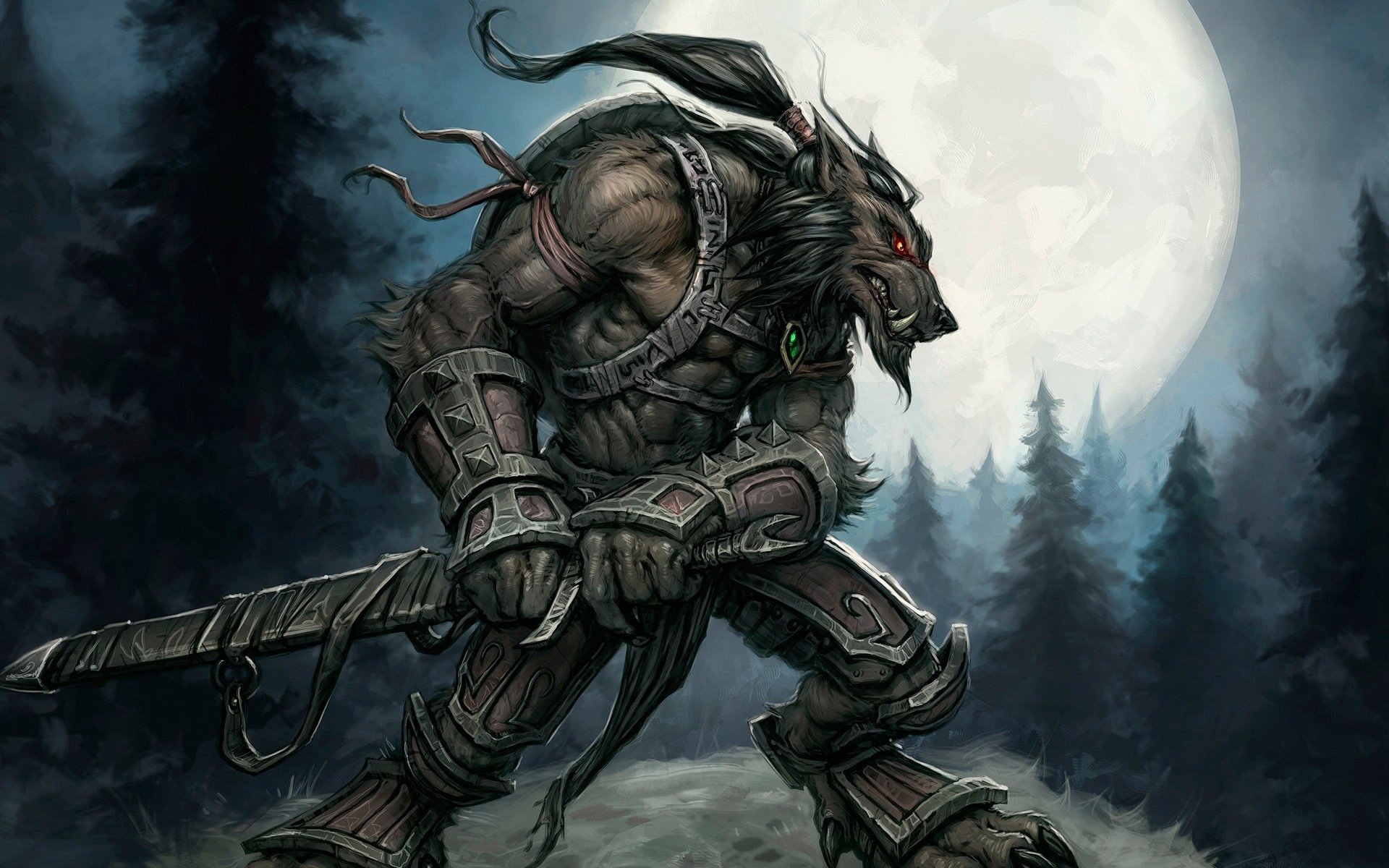 Картинки Мир warcraft, меч, характер, луна, лес фото и обои на рабочий стол