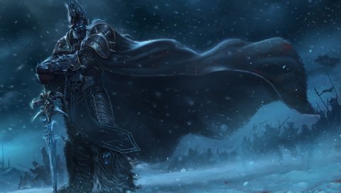 Warcraft, lich king, меч, плащ, снег, холод