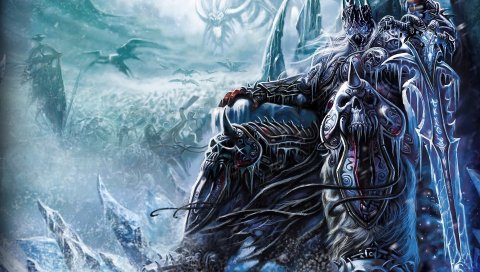 Warcraft, lich king, меч, трон, черепа