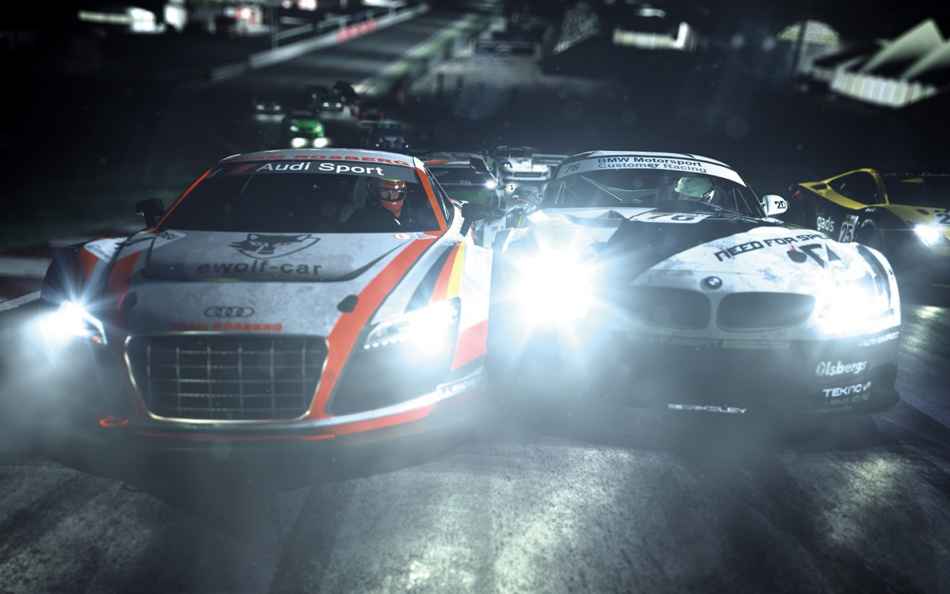 Картинки Nfs, потребность в сдвиге скорости 2, bmw z4, audi r8, дорога, свет, ночь фото и обои на рабочий стол