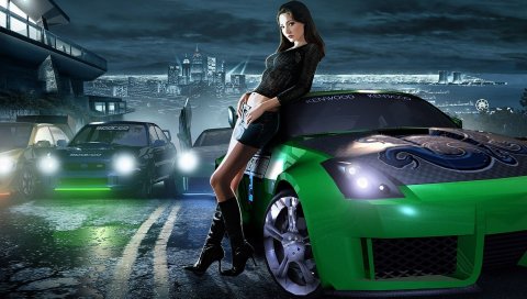 Nfs, потребность в скорости, девушка, автомобиль, город, дорога