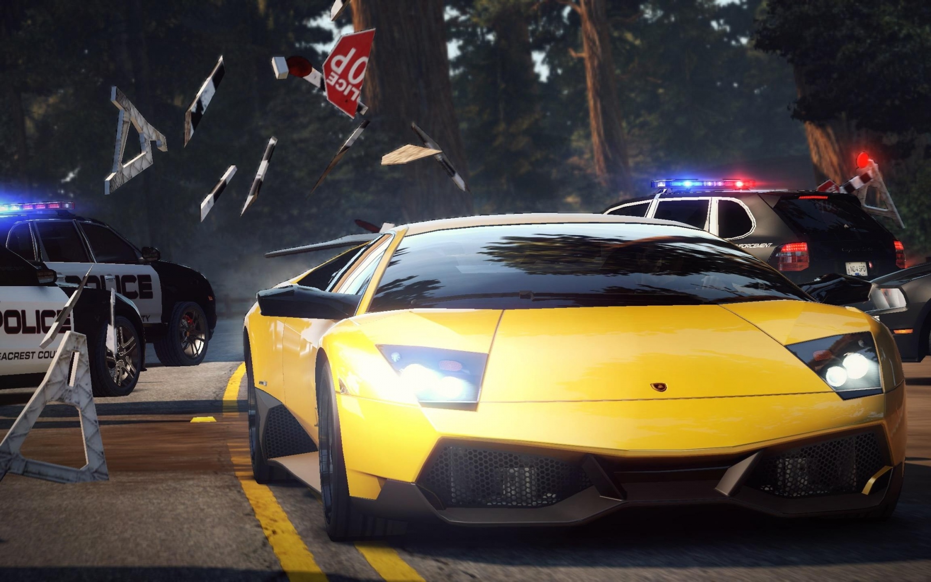 Картинки Nfs, потребность в скорости, автомобиль, полиция, блокада, лес фото и обои на рабочий стол