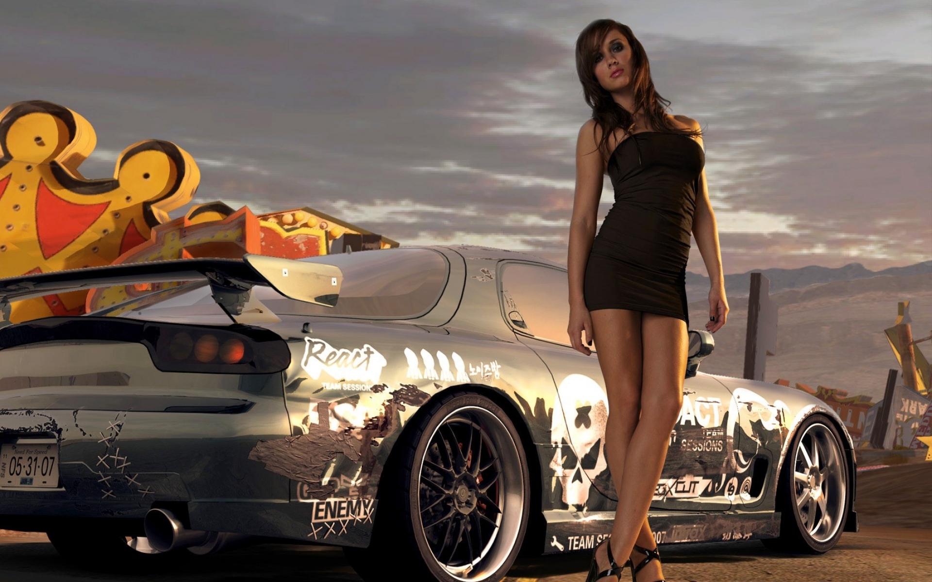 Картинки Nfs, потребность в скорости, женщина, автомобиль, небо, платье, ноги фото и обои на рабочий стол