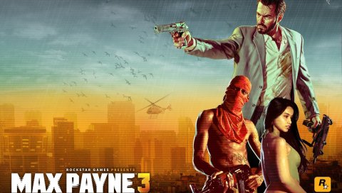 Max payne 3, rockstar games, max payne, террорист, женщина, пистолет, город, птицы, вертолет