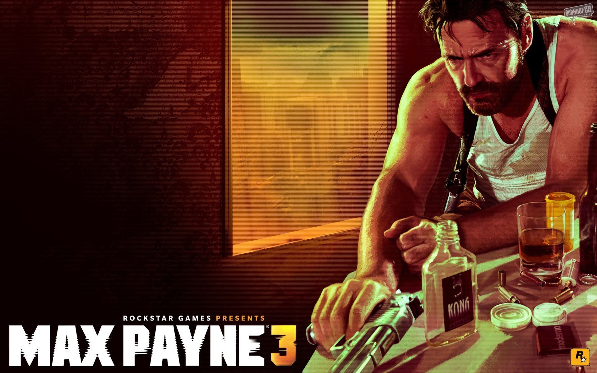 Картинки Max payne 3, rockstar игры, стол, пистолет, пистолет, alhocol, relax, window фото и обои на рабочий стол
