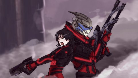 Массовый эффект, garrus vakarian, фан-арт, пистолет, девушка, дым
