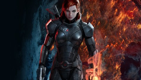 Массовый эффект, shepard, женщина, графика, пистолет