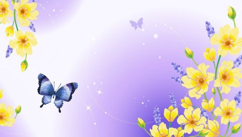 Бутоны, цветы, блеск, бабочка, природа, растения