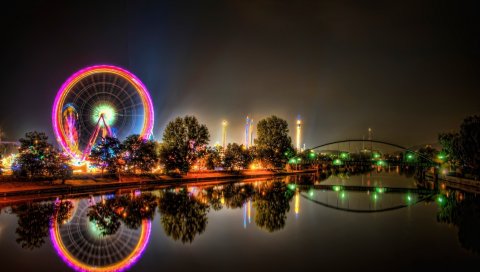 Город, парк, поездка, колесо обозрения, мост, ночь, река