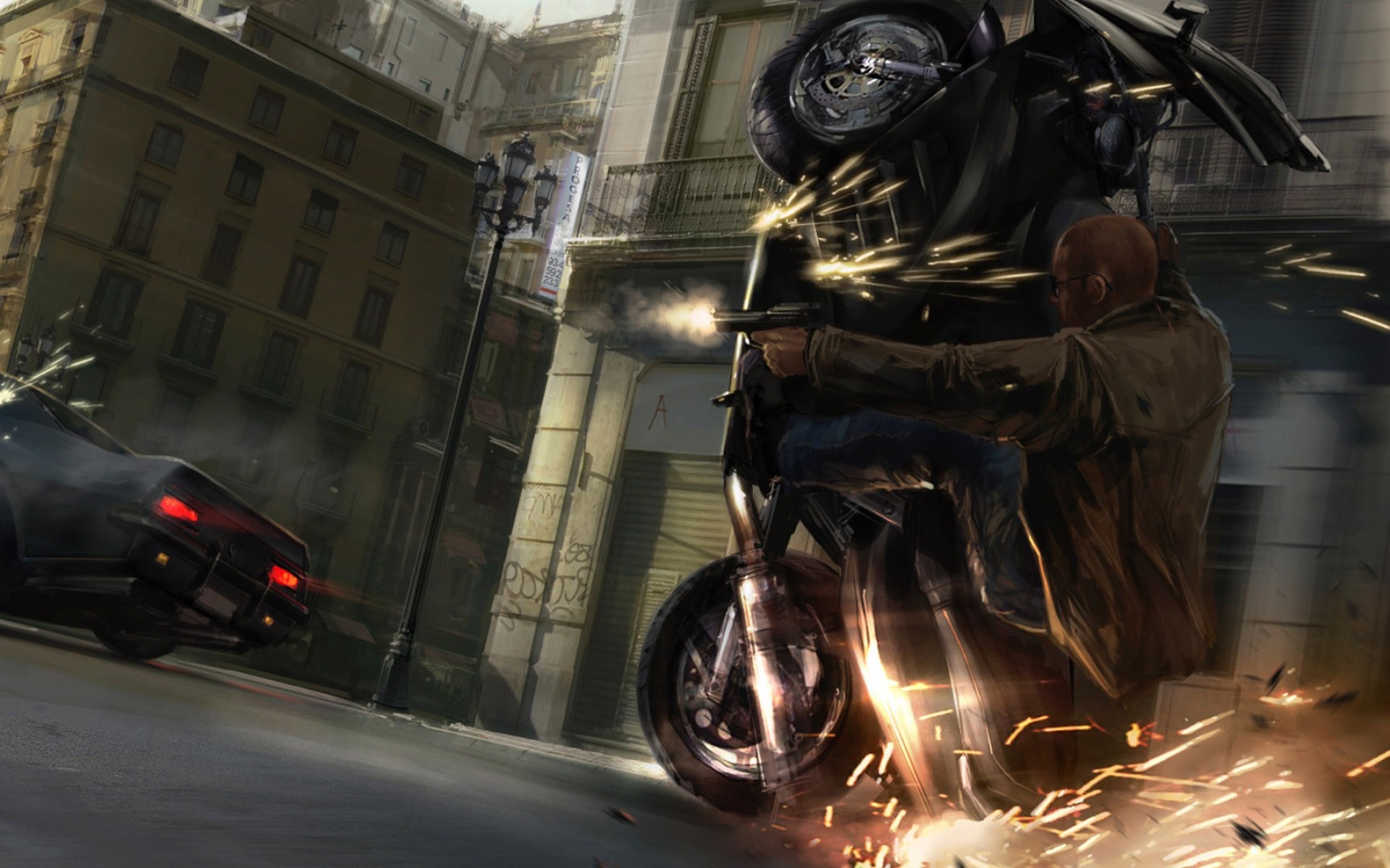 Картинки Gta, grand theft auto 4, nico bellic, мотоцикл, автомобиль, искры, огонь, город фото и обои на рабочий стол