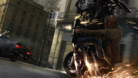 Gta, grand theft auto 4, nico bellic, мотоцикл, автомобиль, искры, огонь, город