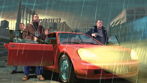 Gta, grand theft auto 4, nico bellic, автомобиль, дождь