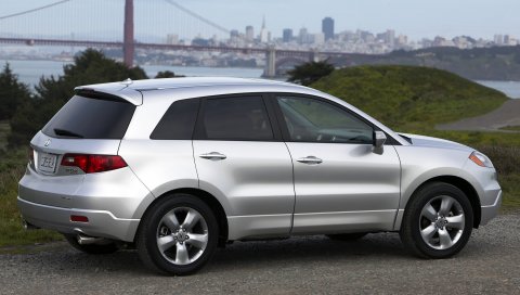Acura, rdx, серебристый металлик, вид сбоку, стиль, автомобили, природа, город, трава, кусты, вода, асфальт