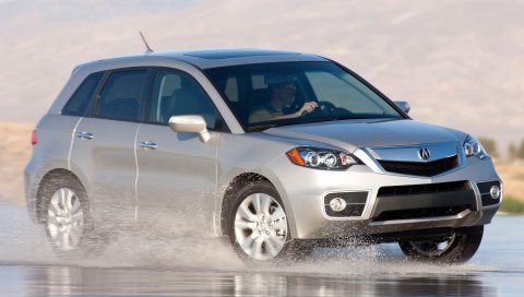 Acura, rdx, серебристый металлик, вид сбоку, джип, авто, мокрый асфальт, спрей, природа, дрейф