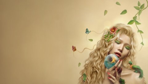 Девушка, таинственные, листья, попугаи, дриада