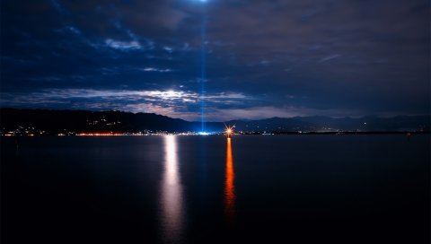 Море, побережье, город, пожары, свет, лазер