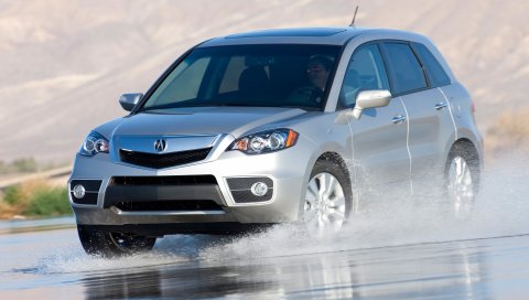 Acura, rdx, серебристый металлик, вид спереди, джип, авто, мокрый асфальт, спрей, природа