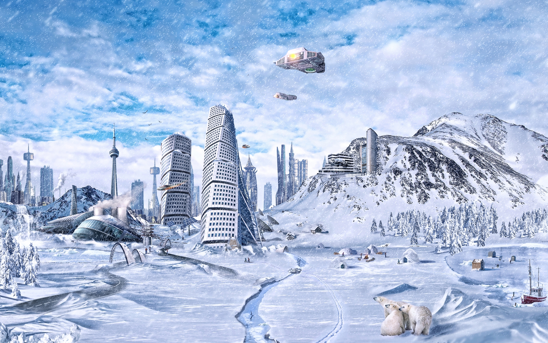 Мир снежка. Футуристический пейзаж. Город в будущем. Пейзаж будущего. Антарктида в будущем.