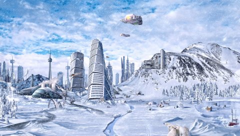 Мир, зима, снег, город, научная фантастика, будущее